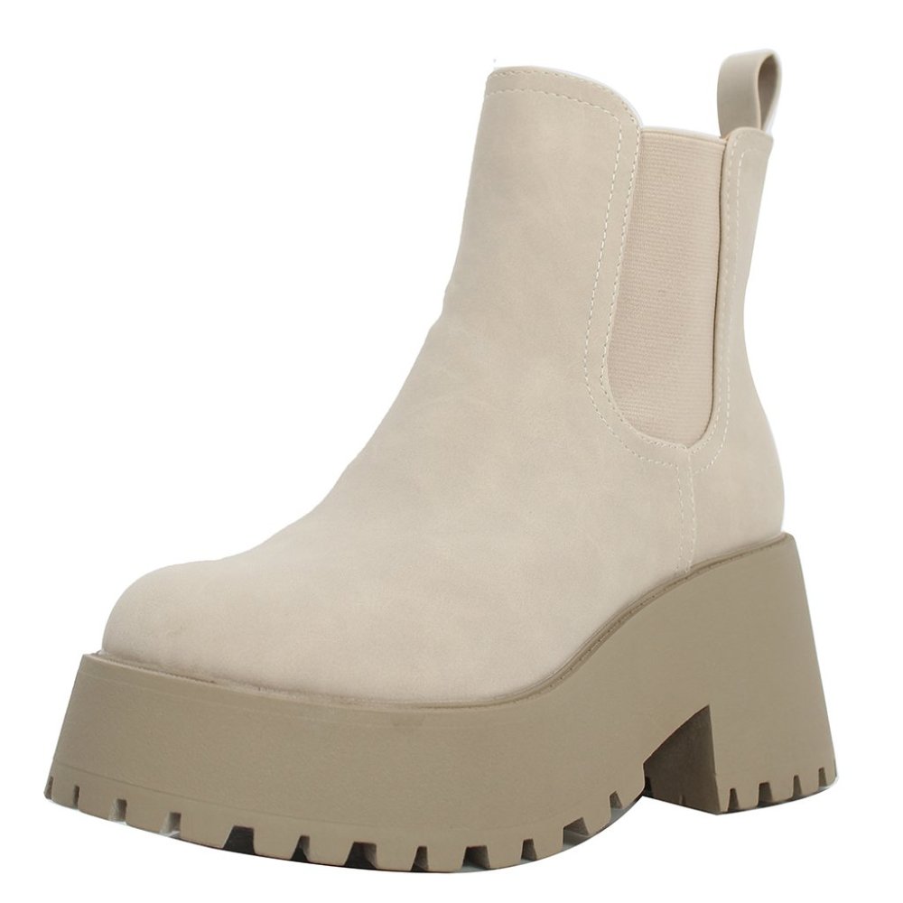 Light Stone Chelsea Chunky Lug Sole Mid Heel Ankle Bootie Double Elastic